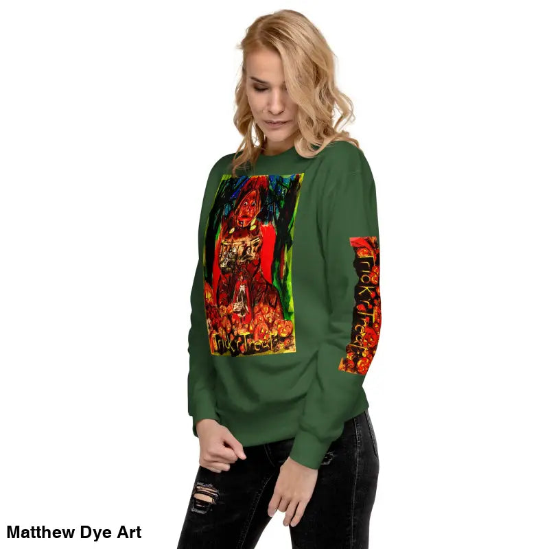 Green unisex premium sweatshirt featuring Halloween-themed graphics for Trick ’r Treat