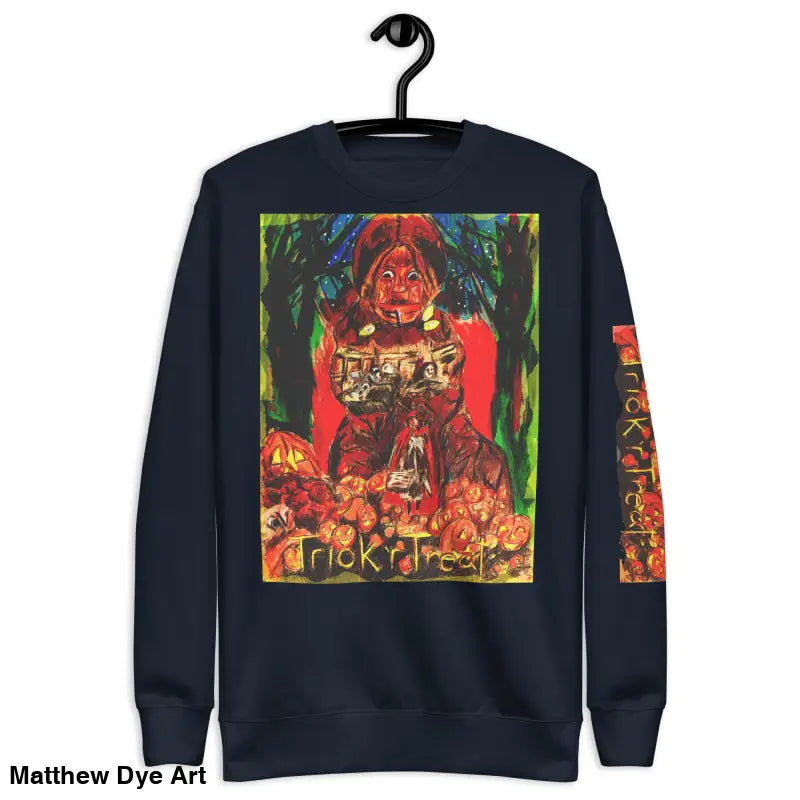 Navy blue Trick r Treat unisex premium sweatshirt for stylish Halloween celebrations
