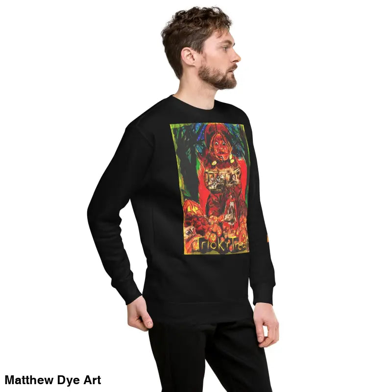 Black long-sleeved Trick ’r Treat unisex premium sweatshirt with colorful graphic design