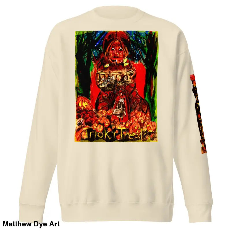 Beige unisex premium sweatshirt featuring a Halloween-themed Trick ’r Treat graphic