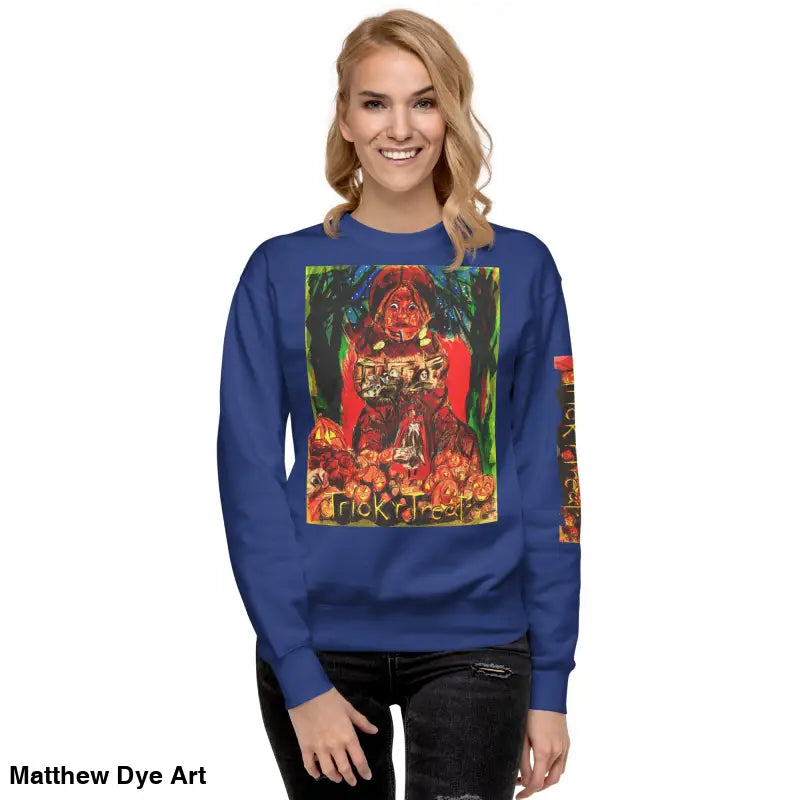 Blue sweatshirt featuring Halloween graphic, ideal unisex premium sweatshirt for Trick r Treat