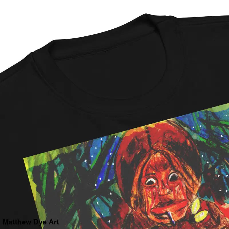 Black t-shirt featuring colorful artwork from Trick ’r Treat unisex premium sweatshirt