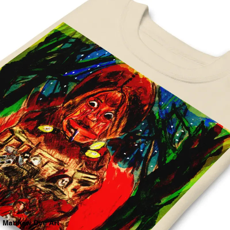 Trick ’r Treat unisex premium sweatshirt featuring a red figure in a forest setting