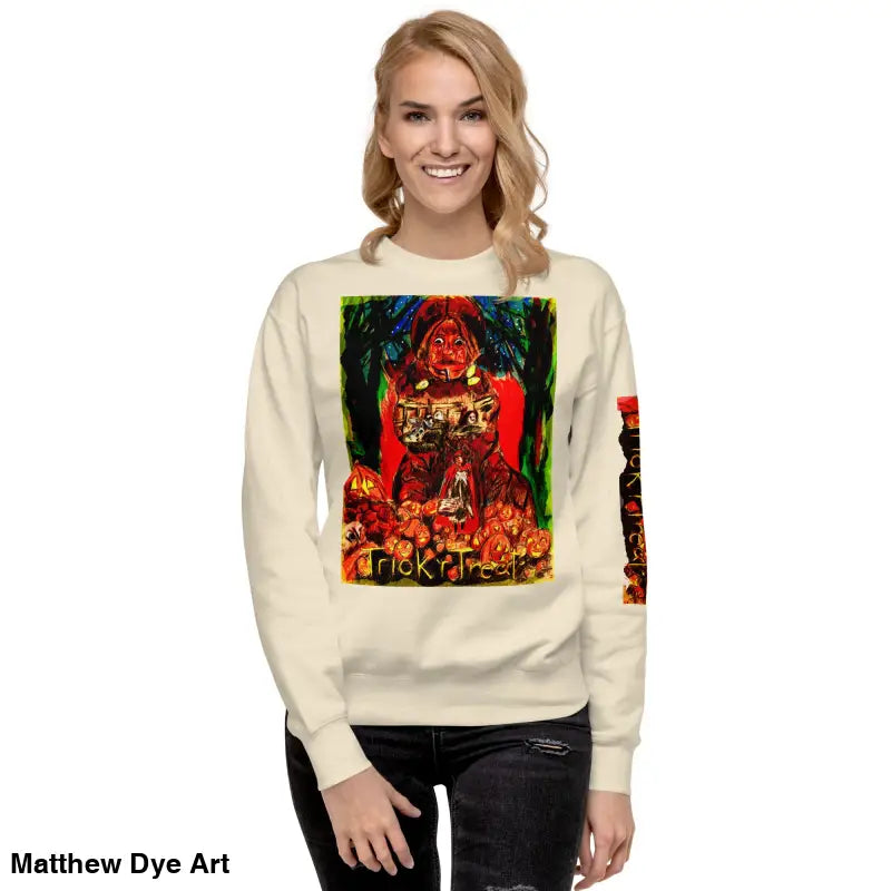 Beige Trick ’r Treat unisex premium sweatshirt featuring Halloween-themed graphic design