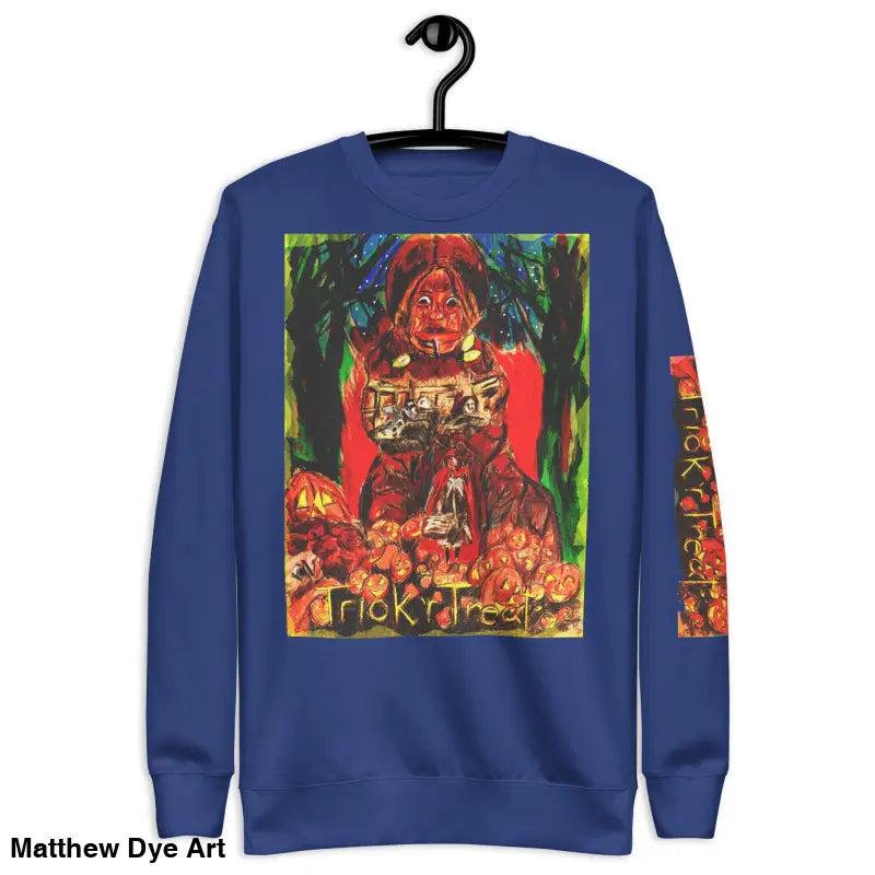 Blue Halloween-themed Unisex Premium Sweatshirt featuring Trick r Treat design