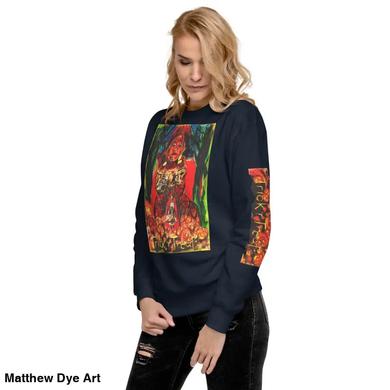 Navy Trick ’r Treat unisex premium sweatshirt featuring a vibrant graphic design