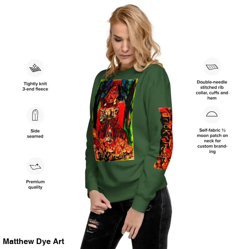 Green Trick r Treat unisex premium sweatshirt featuring a vibrant graphic design