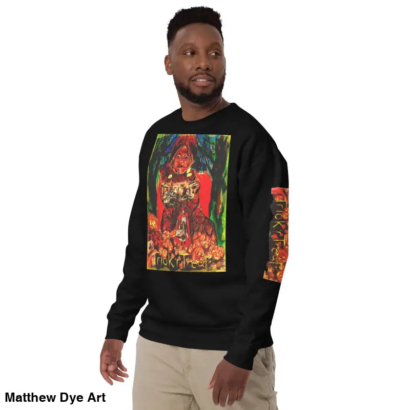 Black unisex premium sweatshirt featuring colorful Halloween graphic for Trick r Treat