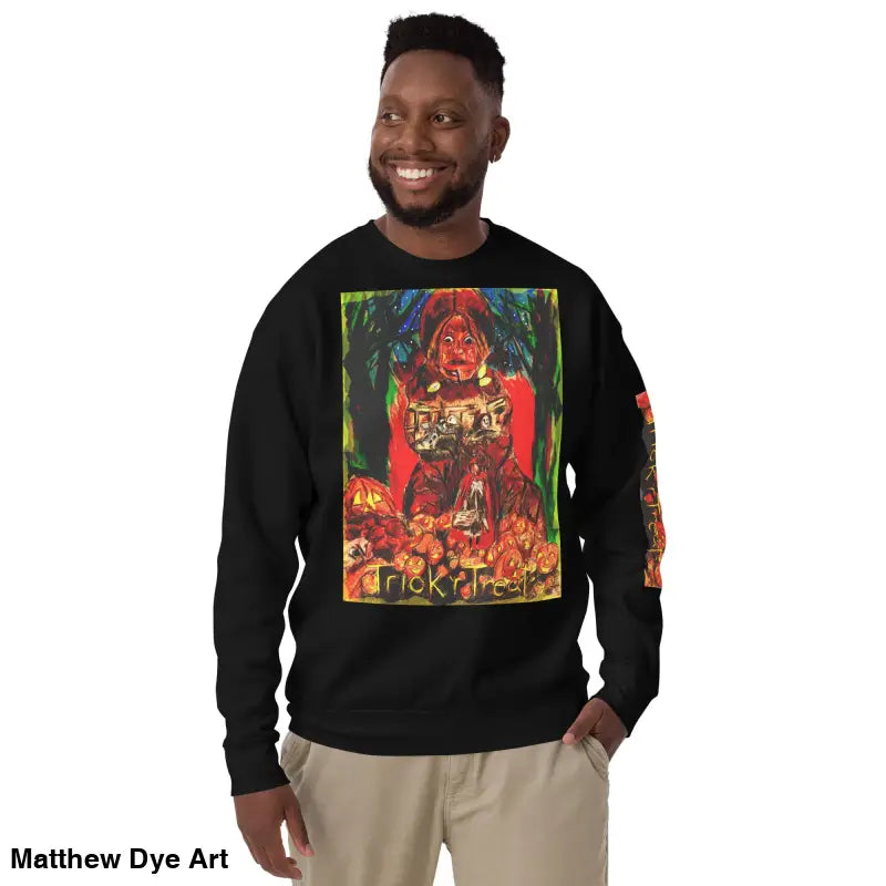 Black Halloween-themed Trick r Treat unisex premium sweatshirt for festive celebrations