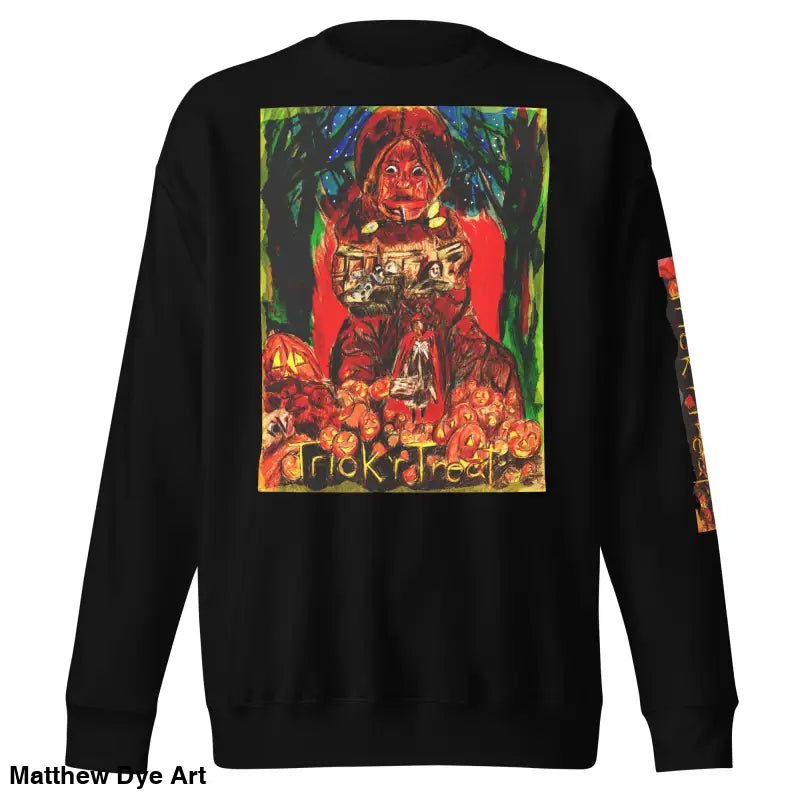 Black Halloween-themed Trick ’r Treat unisex premium sweatshirt in soft fleece fabric