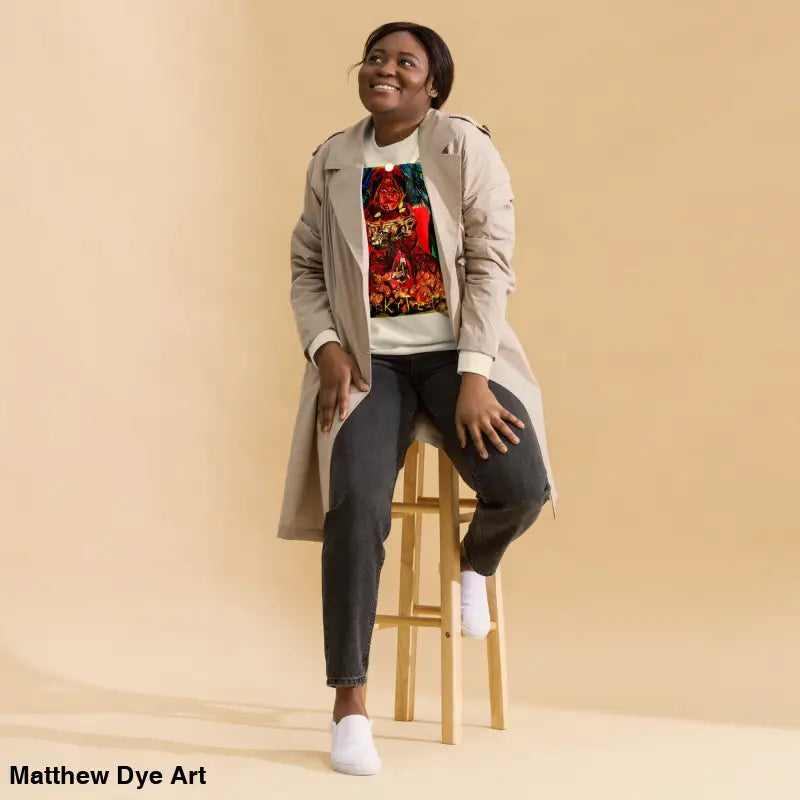 Woman wearing a soft unisex fleece sweatshirt featuring Trick ’r Treat design