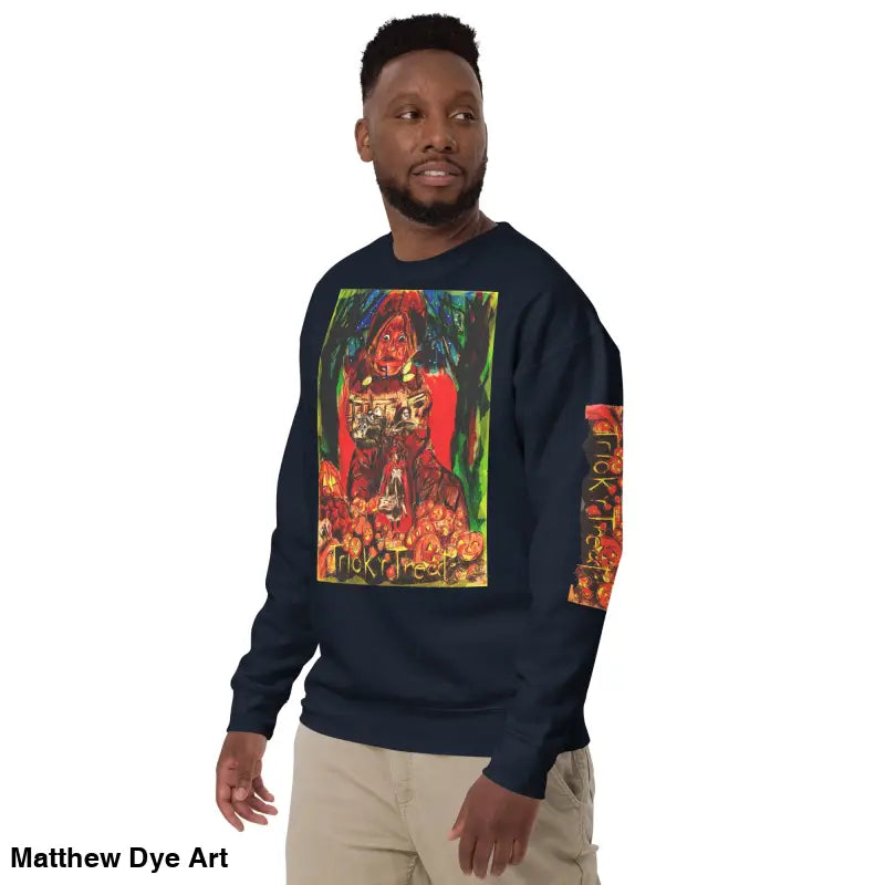 Dark blue Trick ’r Treat unisex premium sweatshirt with vibrant graphic design