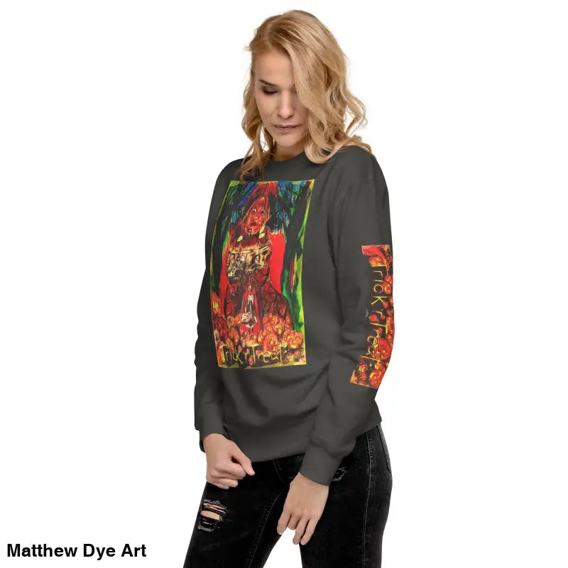 Gray unisex premium sweatshirt featuring a colorful Trick ’r Treat graphic design