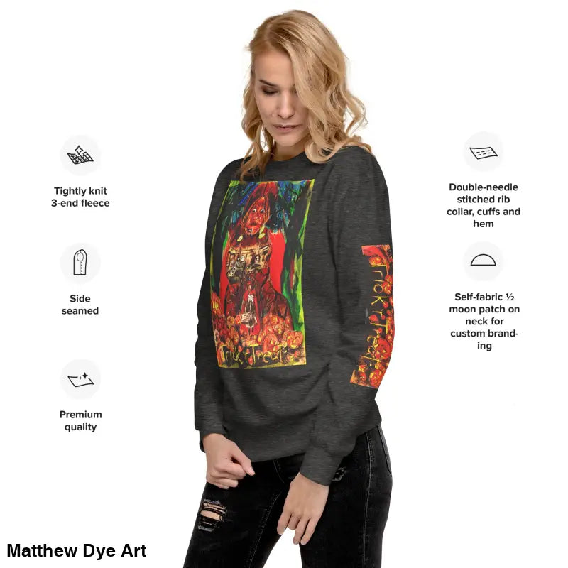 Heather grey soft unisex fleece sweatshirt featuring vibrant Trick ’r Treat graphic