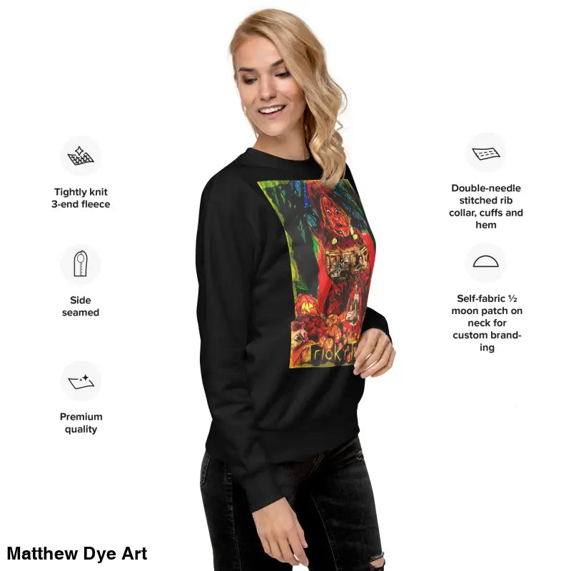 Black sweatshirt featuring a colorful graphic from Trick ’r Treat, a soft unisex fleece sweatshirt