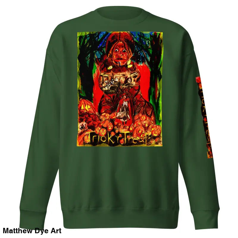 Green Halloween sweatshirt from Trick r Treat, a soft unisex fleece sweatshirt