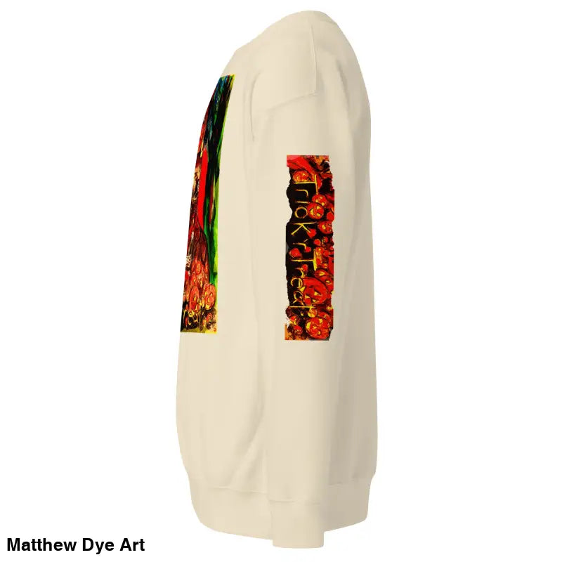 Beige Trick ’r Treat unisex premium sweatshirt featuring vibrant colorful prints