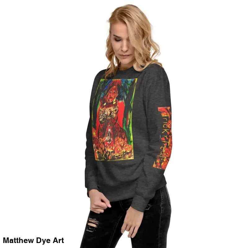 Heather gray trick ’r treat unisex premium sweatshirt featuring colorful graphic design