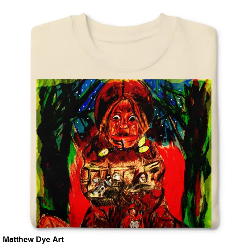 Folded t-shirt featuring eerie artwork, ideal for Trick ’r Treat unisex premium sweatshirt