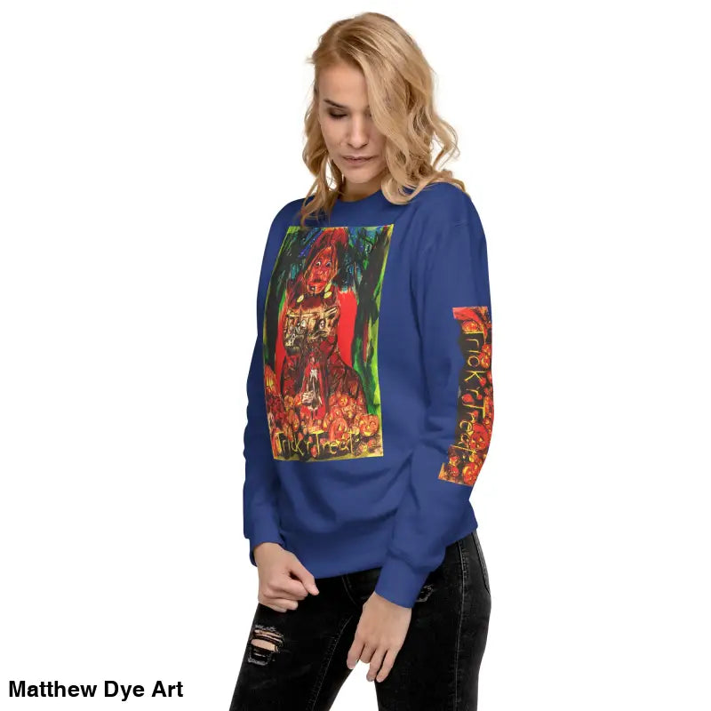 Blue sweatshirt featuring colorful graphic, ideal for Halloween, soft unisex fleece sweatshirt