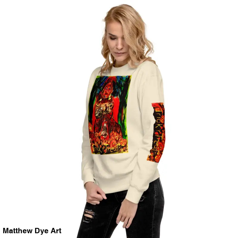 Beige unisex premium sweatshirt featuring Halloween-themed Trick ’r Treat graphic design