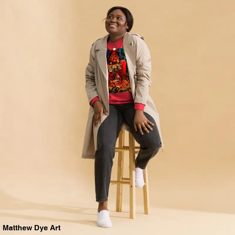 Woman in trench coat wearing a Trick ’r Treat unisex premium sweatshirt and patterned sweater