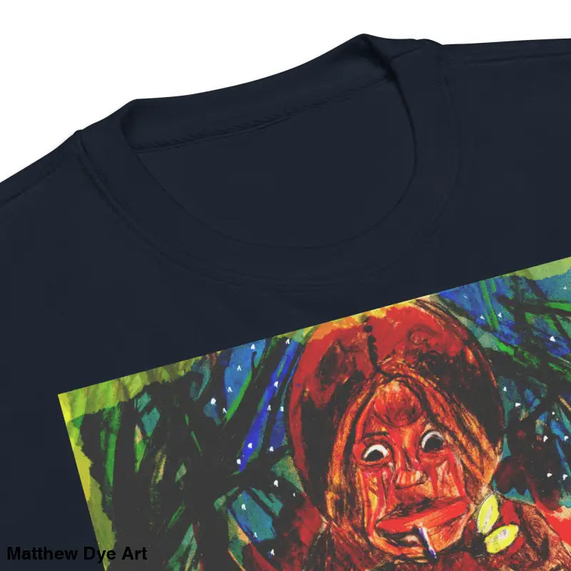 Navy t-shirt featuring surreal artwork on a Trick ’r Treat unisex premium sweatshirt
