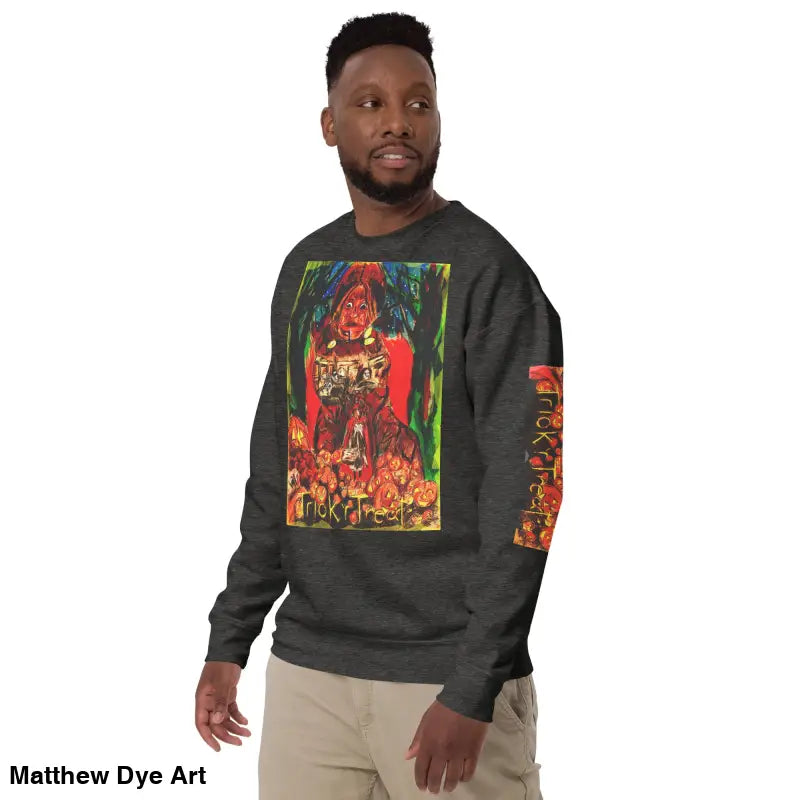 Dark gray unisex premium sweatshirt featuring colorful Halloween-themed Trick ’r Treat graphic