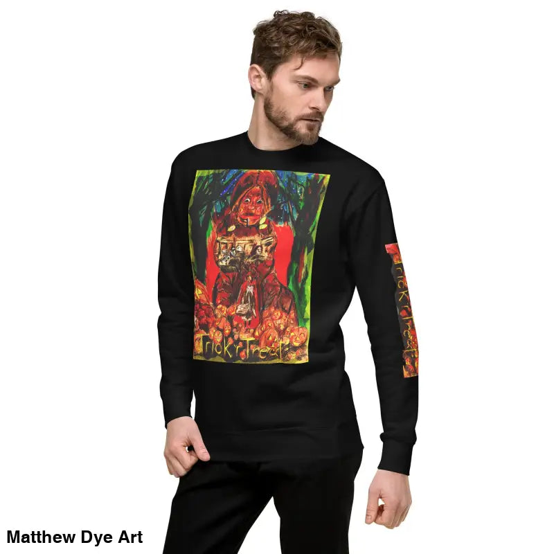Black long-sleeved Trick ’r Treat unisex premium sweatshirt with colorful graphic design
