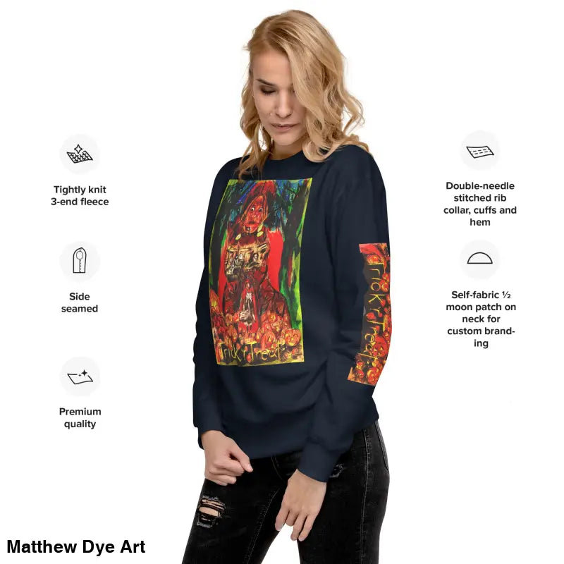 Navy blue unisex premium sweatshirt featuring colorful Trick ’r Treat graphic design