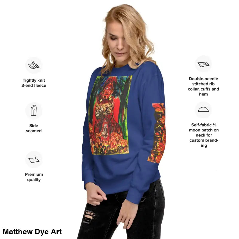 Blue Trick ’r Treat unisex premium sweatshirt featuring a vibrant graphic design