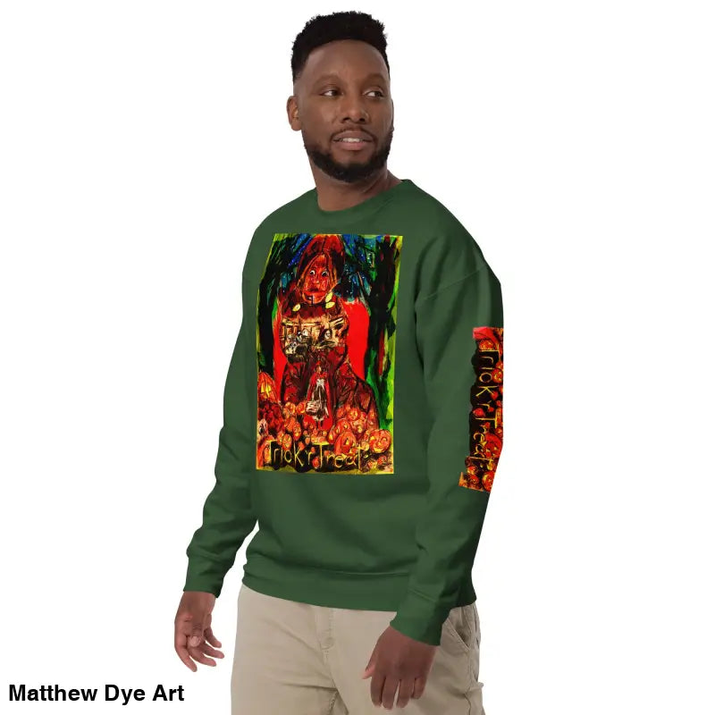 Green Trick ’r Treat unisex premium sweatshirt featuring a Halloween graphic design