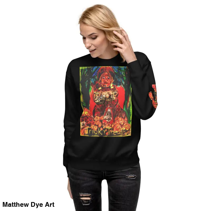 Black sweatshirt featuring a Halloween graphic, ideal for Trick r Treat events