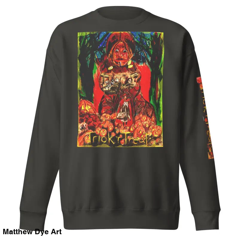 Gray Trick ’r Treat unisex premium sweatshirt featuring Halloween-themed graphic design