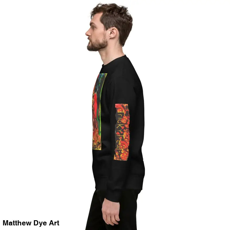 Black Trick ’r Treat unisex premium sweatshirt featuring a colorful graphic design