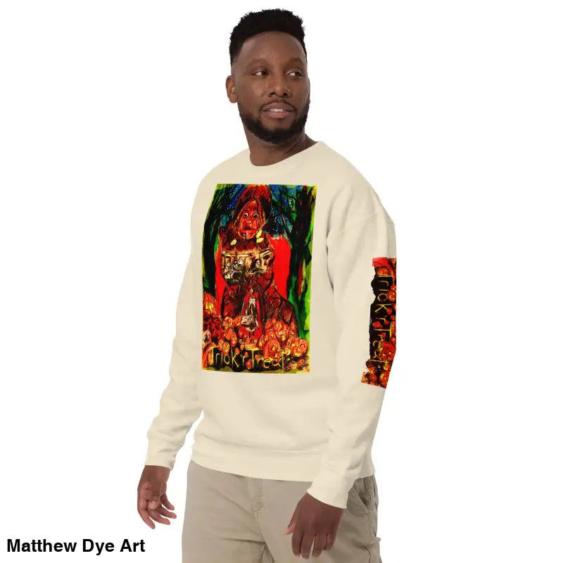 Beige Trick ’r Treat unisex premium sweatshirt featuring Halloween-themed graphic design