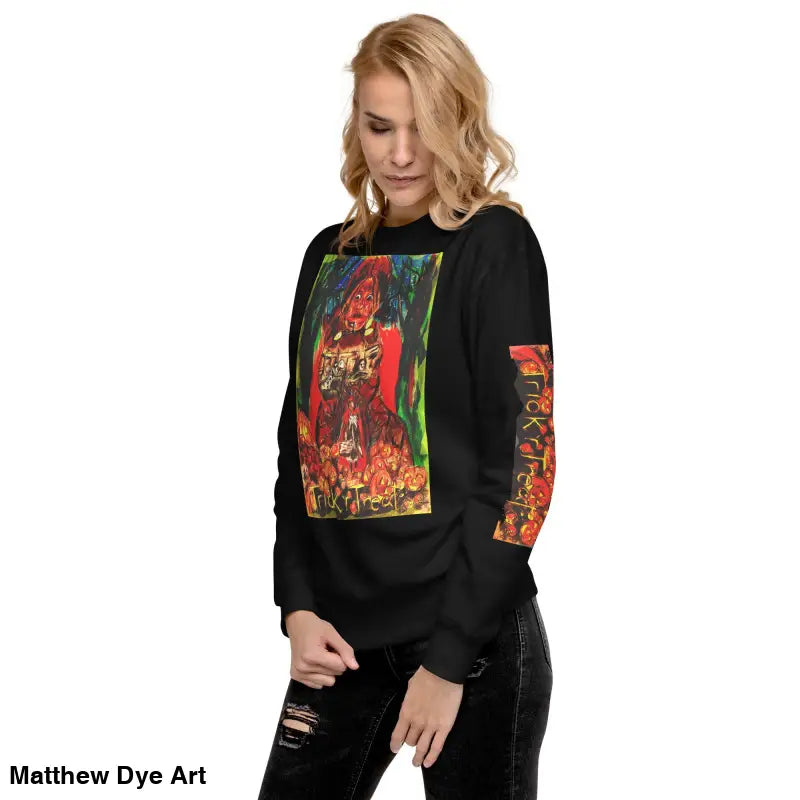 Black soft unisex fleece sweatshirt featuring colorful Trick ’r Treat graphic design