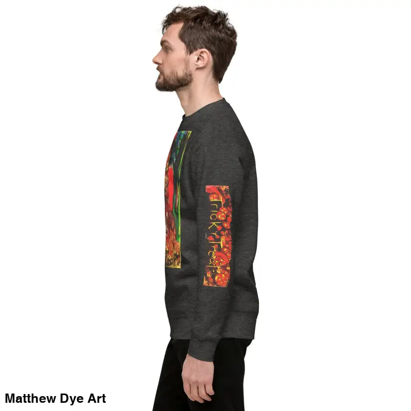 Gray sweatshirt with colorful design for Trick ’r Treat unisex premium fleece sweatshirt