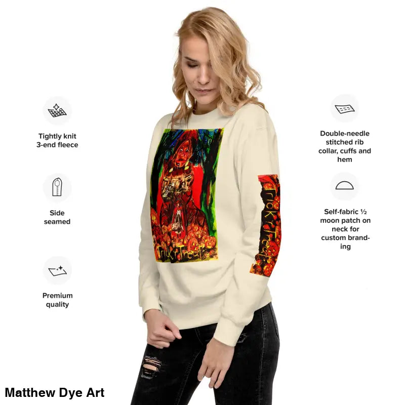 Beige unisex premium sweatshirt featuring colorful Trick ’r Treat graphic designs