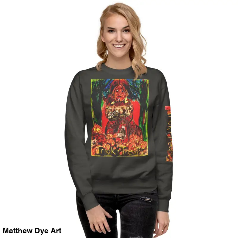 Gray Trick ’r Treat unisex premium sweatshirt with festive Halloween graphic design