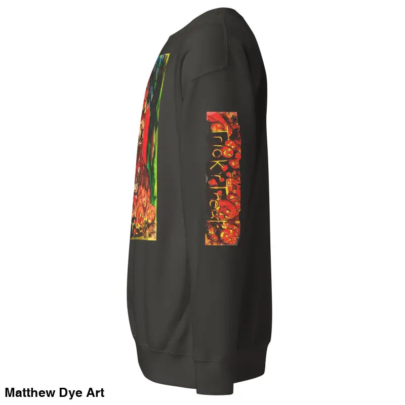 Dark unisex premium sweatshirt featuring Halloween graphics from Trick ’r Treat