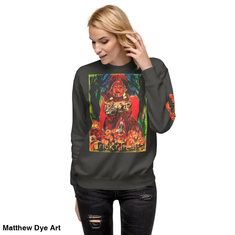 Gray Trick ’r Treat design on a soft unisex fleece sweatshirt for Halloween celebrations