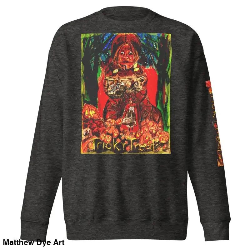 Gray sweatshirt featuring Halloween graphic from the Trick r Treat unisex premium sweatshirt