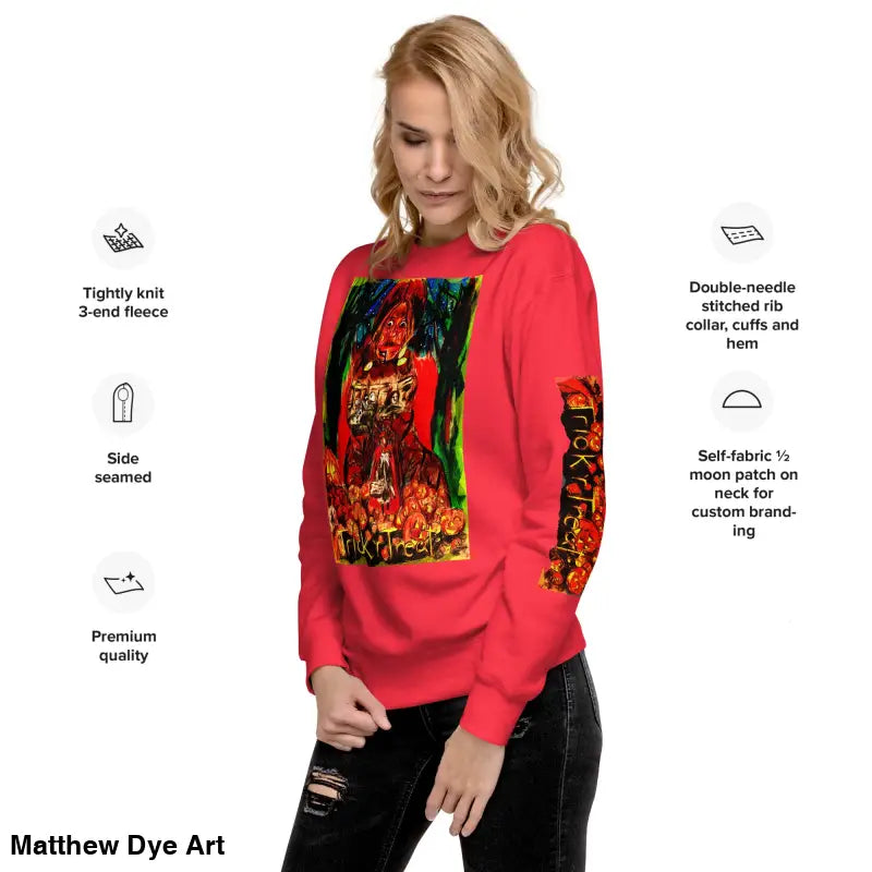 Red sweatshirt with colorful graphic design in Trick r Treat unisex premium Halloween art