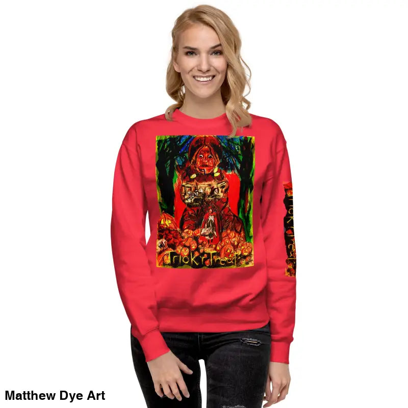 Red Trick ’r Treat unisex premium sweatshirt with Halloween-themed graphic design