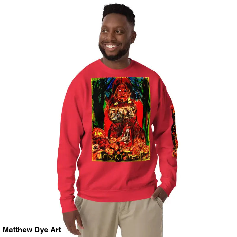 Red unisex premium sweatshirt featuring Halloween-themed graphic for Trick ’r Treat