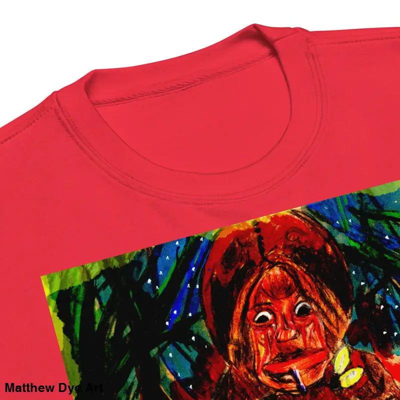 Red T-shirt featuring colorful artwork from Trick ’r Treat unisex premium sweatshirt