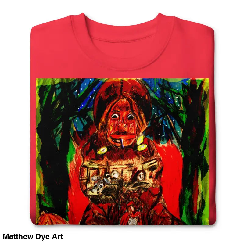 Red sweatshirt featuring a colorful surreal painting in Trick ’r Treat unisex premium style