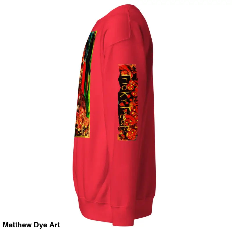 Red sweatshirt featuring Halloween graphics from Trick ’r Treat, a soft unisex fleece sweatshirt