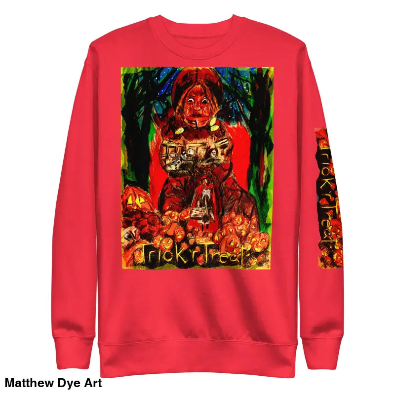 Red Trick ’r Treat unisex premium sweatshirt, a soft unisex fleece for Halloween festivities